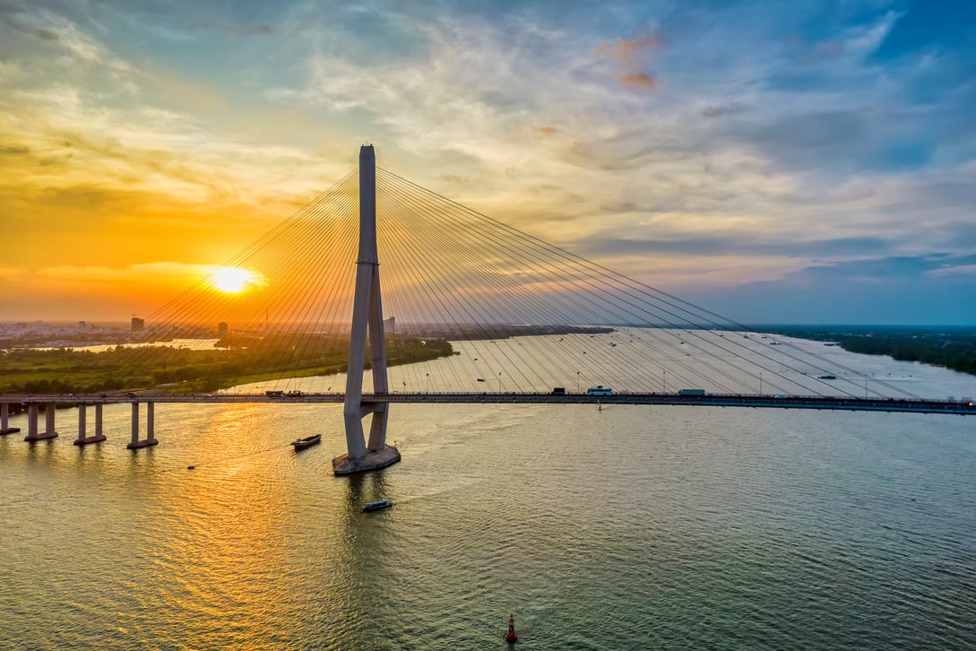 Can Tho bridge, Can Tho city, Vietnam, aerial view sunset sky